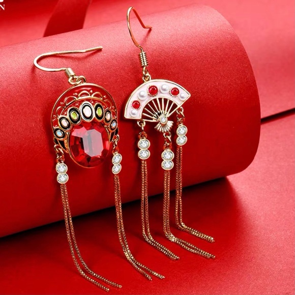 szechuan art/Chinese fan asymmetry tassel earrings - Picture 3 of 6